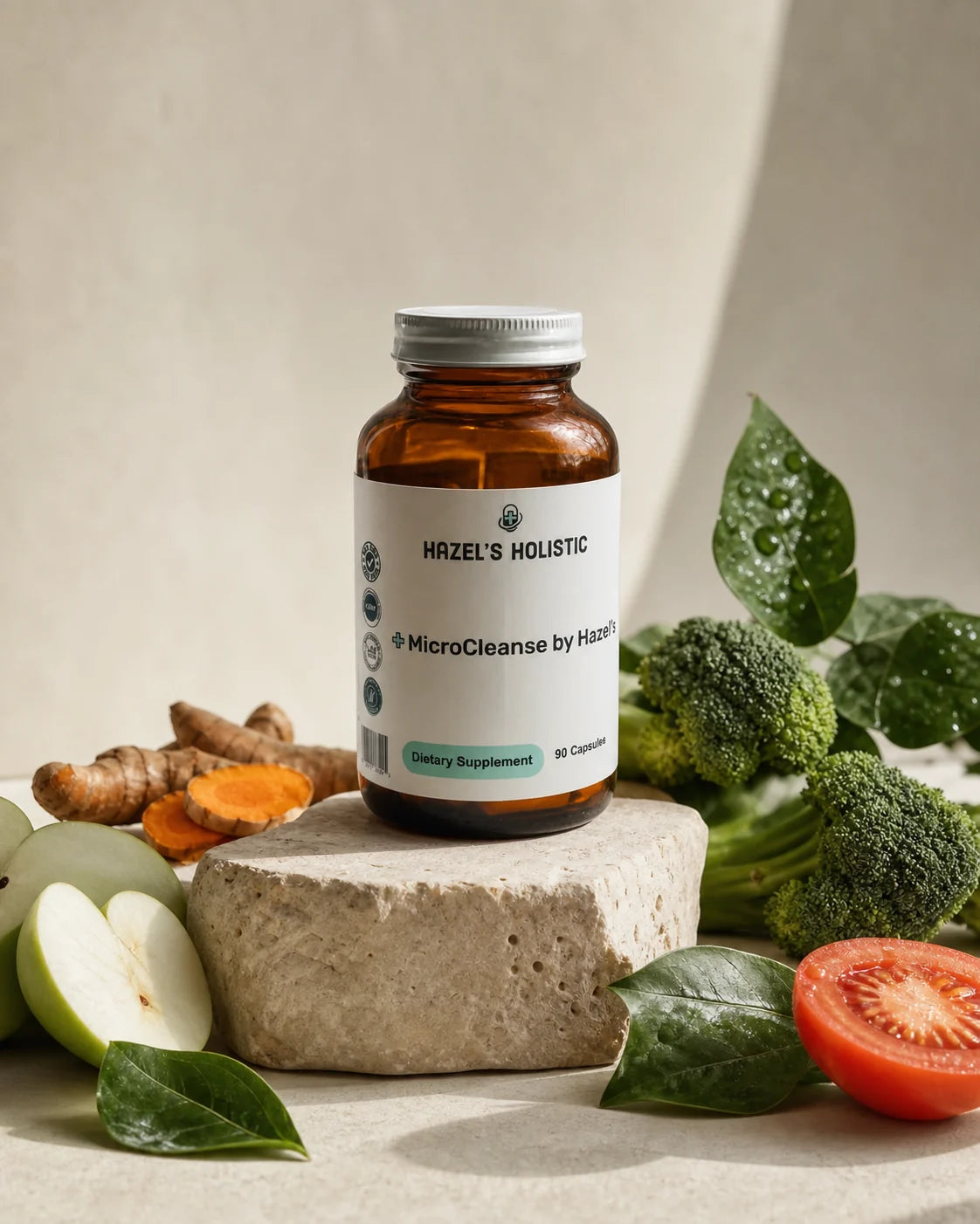 MicroCleanse bottle with apple, turmeric, broccoli, and botanical ingredients