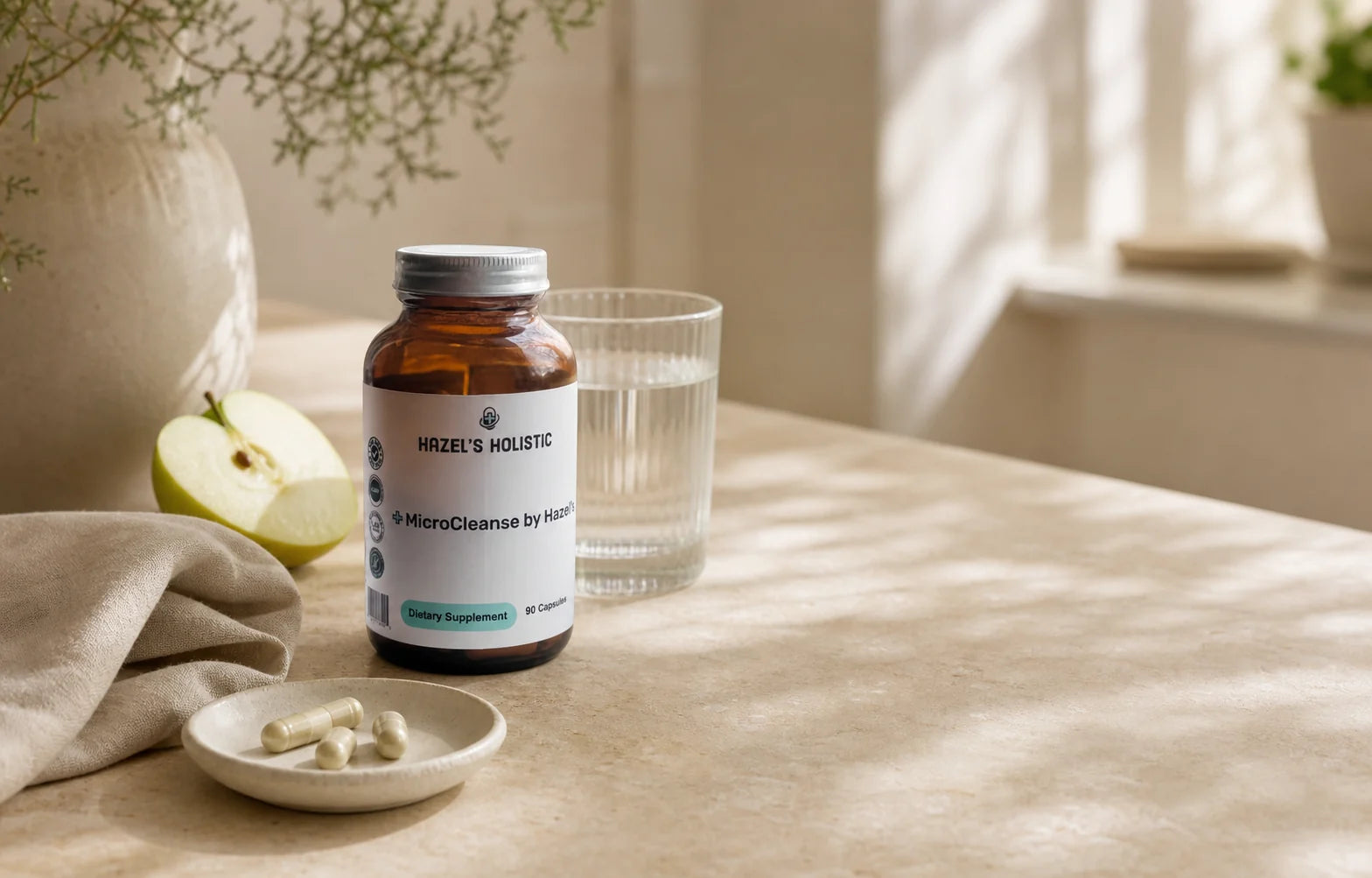 MicroCleanse morning ritual with water, apple, linen, and capsules